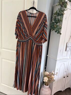 BloomChic Striped V-Neck Midi Dress in Rust, Teal & Navy